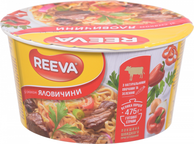 Локшина Reeva 75 г стак. зі смаком яловичини